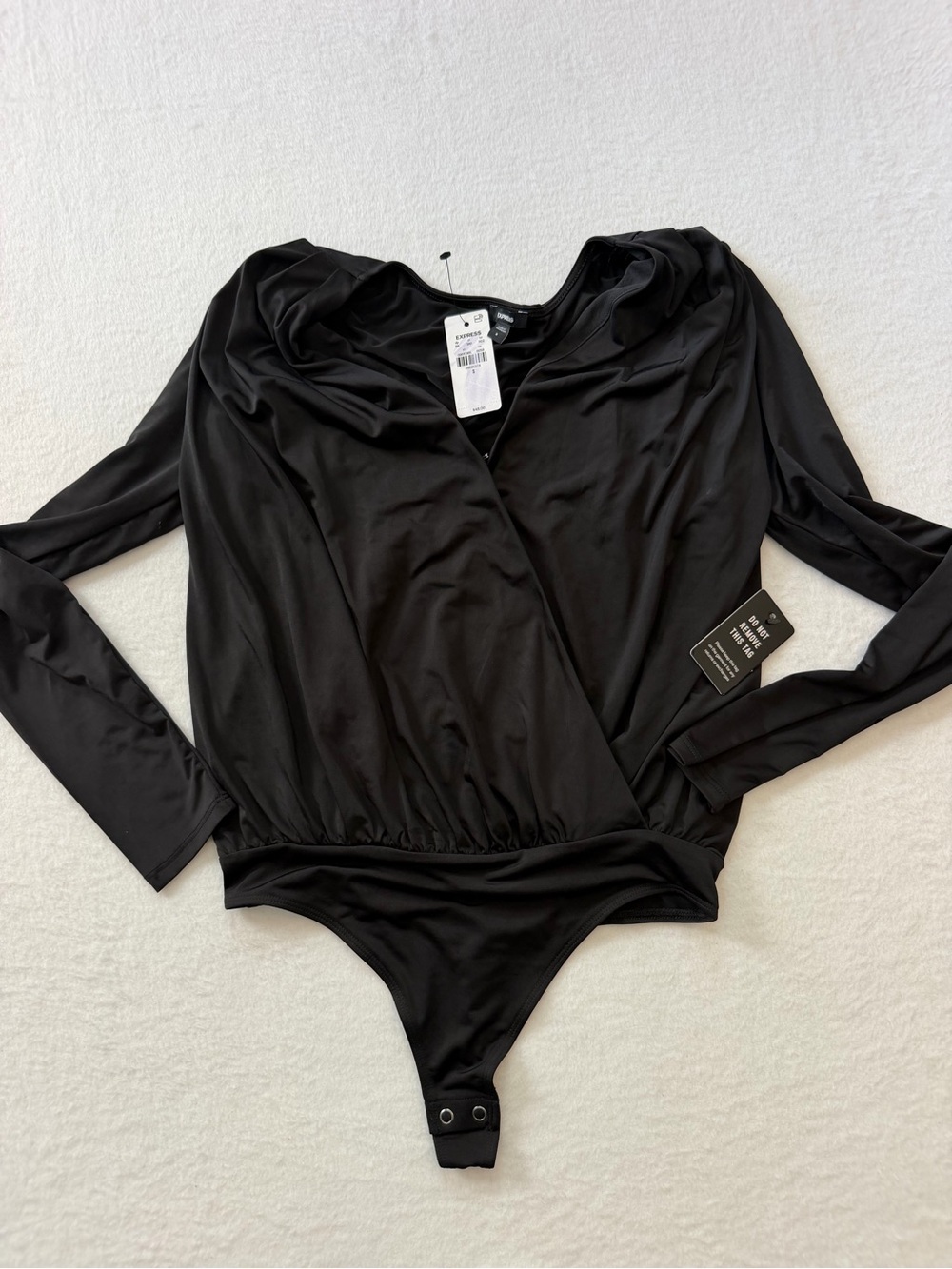 Express Black Long-Sleeve Faux Wrap Bodysuit